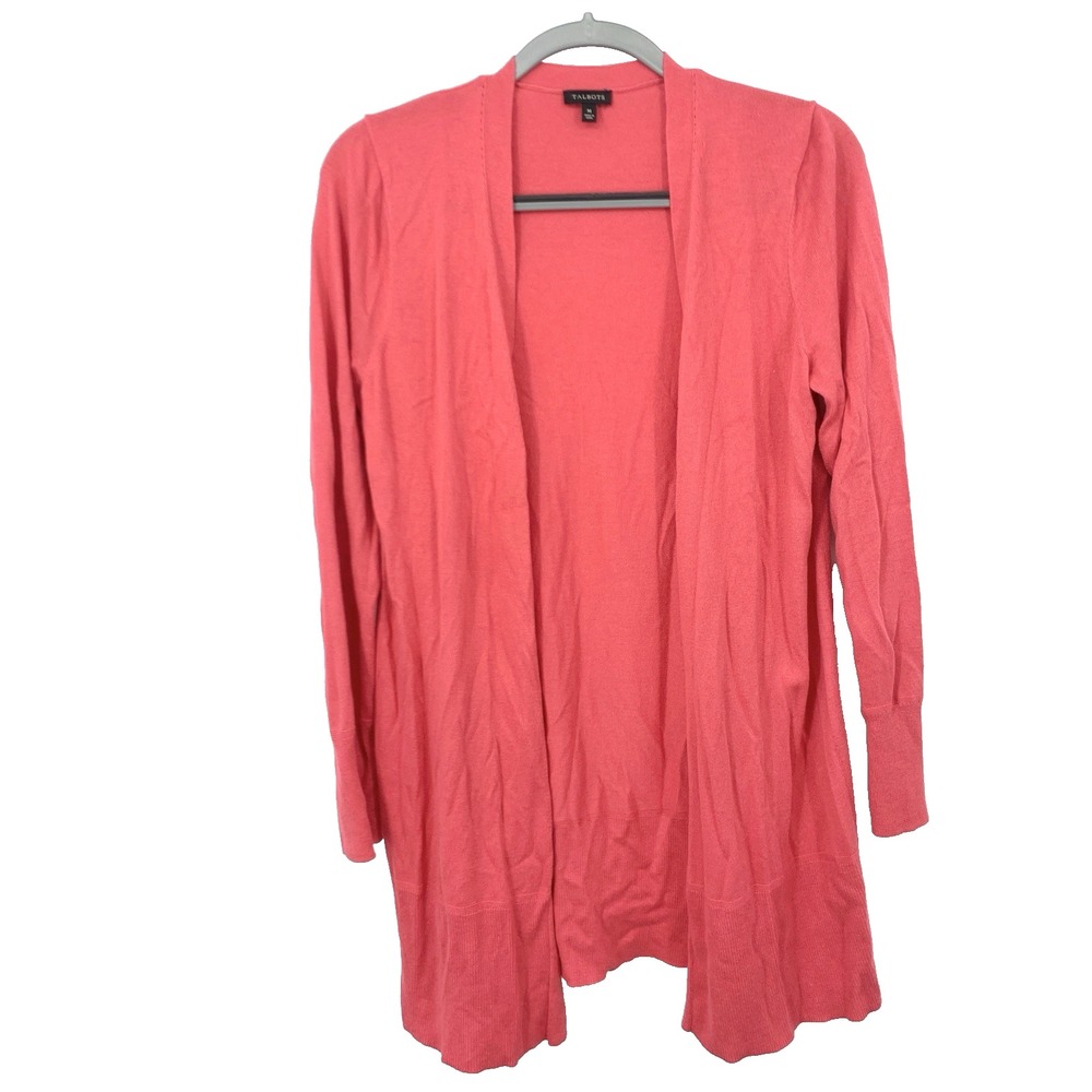 Talbots Women Size Medium Cardigan Sweater Open Front Long Pink Thin Knit Top